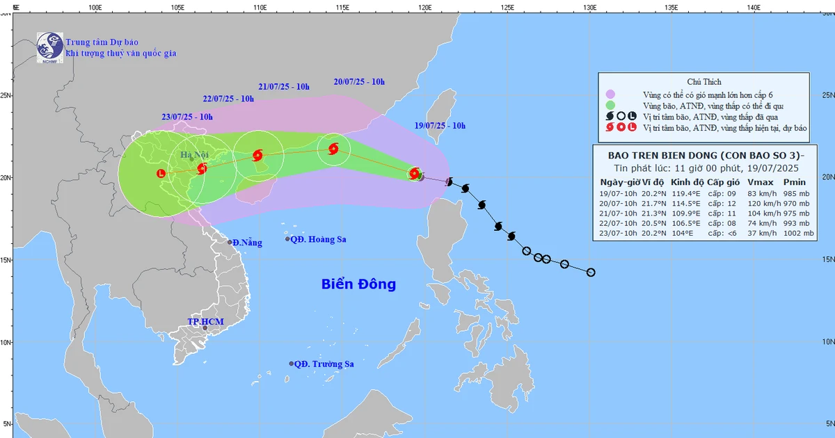 Location and forecast track of Storm Wipha as of 11 am on July 19. (Photo: National Centre for Hydro-Meteorological Forecasting) 