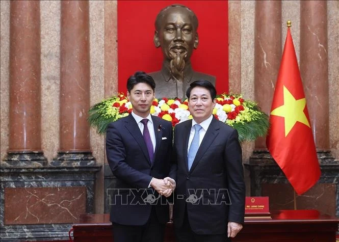 State President Luong Cuong (R) and Director of the Liberal Democratic Party Youth Division of Japan Nakasone Yasutaka at the meeting in Ha Noi on August 22 (Photo: VNA)