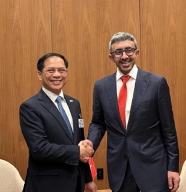 Deputy Prime Minister Bui Thanh Son (L) meets with Deputy Prime Minister and Foreign Minister of the United Arab Emirates (UAE) Sheikh Abdullah bin Zayed Al Nahyan on September 23, 2025. (Photo: VNA)