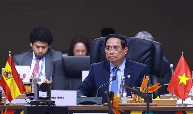 Prime Minister Pham Minh Chinh addressing the plenary session of the G20 Summit (Photo: VNA)