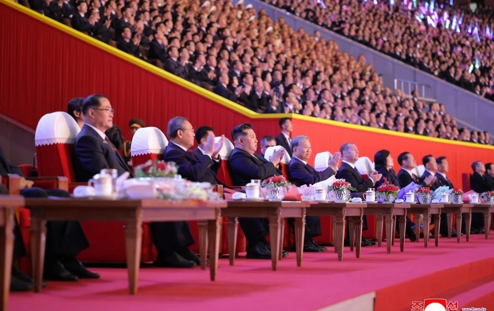 General Secretary of the Workers' Party of Korea and President of the State Affairs Kim Jong Un and other leaders attend an art performance to celebrate the 80th founding anniversary of the Workers' Party of Korea at the Rungrado 1st of May Stadium in Pyongyang on the evening of October 9. (Photo: KCNA)
