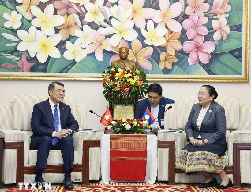 Politburo member, Secretary of the Communist Party of Viet Nam (CPV) Central Committee and Chairman of the CPV Central Committee’s Organisation Commission Le Minh Hung (L) holds talks with Sisay Leudetmounsone, Politburo member, Secretary of the Lao People's Revolutionary Party (LPRP) Central Committee and Chairwoman of the LPRP Central Committee's Organisation Commission, in Vientiane on December 2 (Photo: VNA)