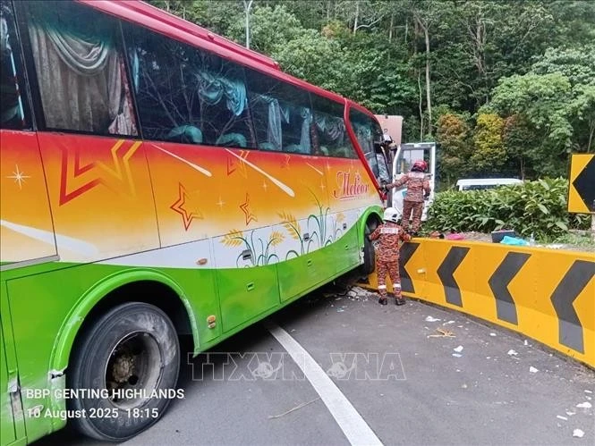 The bus is believed to have lost control and collided with two other cars, causing all three vehicles to veer out of their lane. (Photo published by VNA) 