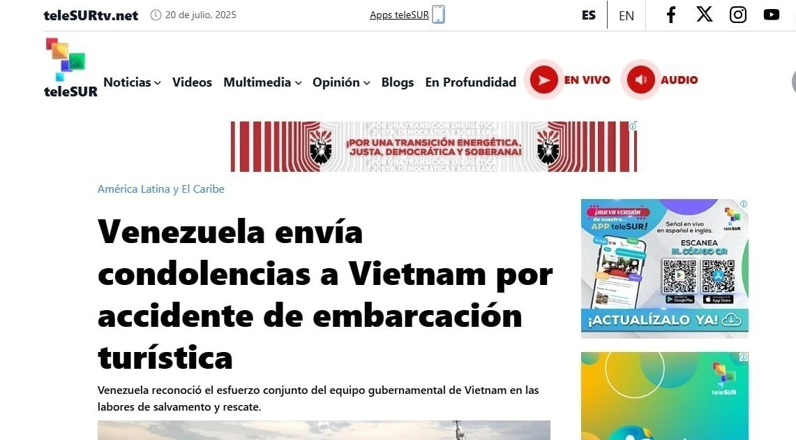 An article on Viet Nam’s ongoing rescue operations published by teleSUR. (Screenshot photo: VNA)
