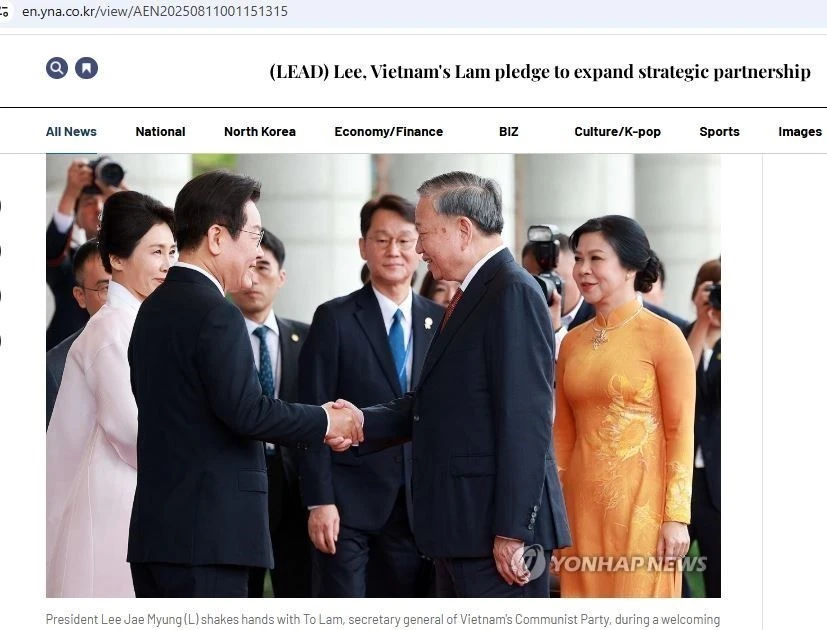 An article published on Yonhap News Agency’s website on August 11 about the meeting between General Secretary To Lam and RoK President Lee Jae Myung. (Photo: VNA)