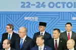 Foreign Affairs Minister Sugiono, who dons a peci or black cap, at the back, attends the BRICS Plus Summit in Kazan, Russia, on October 24, 2024. (Photo courtesy of Foreign Affairs Ministry) 