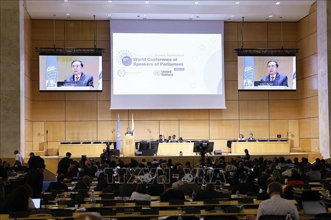 Chairman of the Vietnamese National Assembly (NA) Tran Thanh Man addresses a general debate of the sixth World Conference of Speakers of Parliament (Photo: VNA) tran-thanh-man-4.jpg