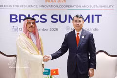 Prime Minister Le Minh Hung (R) receives Saudi Arabian Minister Foreign Affairs Prince Faisal bin Farhan Al Saud on September 13 on the sidelines of the 18th BRICS Summit in New Delhi, India. (Photo: VNA)