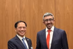 Deputy Prime Minister Bui Thanh Son (L) meets with Deputy Prime Minister and Foreign Minister of the United Arab Emirates (UAE) Sheikh Abdullah bin Zayed Al Nahyan on September 23, 2025. (Photo: VNA)