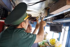 A border guard officer in Gia Lai inspects the vessel monitoring system before allowing a fishing boat to depart. (Photo: VNA)