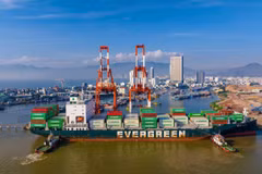 A container ship has cargo hadled at Quy Nhon Port, a key import-export gateway for goods from the Central Highlands and the starting point of Gia Lai province’s logistics system. (Photo published by VNA)