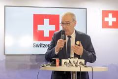 President of the Swiss Federation Guy Parmelin speaks at a press conference. (Photo: ANI/VNA)