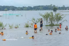 Local residents enjoy bathing in flooded fields during the flood season in the Cong Bung Ren area, Vinh Loi hamlet, Phu Huu commune, An Giang province (Photo: VNA)