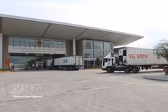 Trucks carrying import and export goods pass through the Lao Cai border gate. (Photo: VNA)