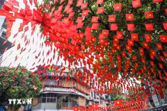 A street in Hanoi filled with the national flags. (Photo: VNA)