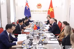 Vietnamese Deputy Minister of Foreign Affairs Nguyen Manh Cuong and Deputy Secretary of the New Zealand Ministry of Foreign Affairs and Trade Grahame Morton co-chair the 14th political consultation between the two foreign ministries in Hanoi on October 19. (Photo: qdnd,vn)
