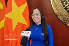 Le Nguyet Quynh, a student at the Tsinghua University School of Economics and Management, speaks to the Vietnam News Agency correspondents in Beijing (Photo: VNA)