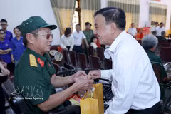 Politburo member and Permanent member of the Party Central Committee’s Secretariat Tran Cam Tu presents gifts to wounded and sick veteran soldiers who are cared for at Nghe An War Invalids Nursing Centre in the central province of Nghe An. (Photo: VNA)