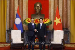 State President Luong Cuong (R) receives Prime Minister of Laos Sonexay Siphandone on the sidelines of P4G Summit in Hanoi on April 17. (Photo: VNA)