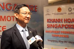 Vietnamese Ambassador to Singapore Tran Phuoc Anh grants an interview to the Vietnam News Agency at the event. (Photo: VNA)