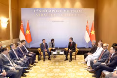 The official welcome ceremony is held in Singapore on August 25 for Member of the Political Bureau and Standing Member of the Secretariat of the Communist Party of Vietnam Central Committee Tran Cam Tu. (Photo: VNA)