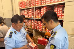 Hanoi Market Surveillance officers inspect products showing signs of violations of regulations on product labelling, advertising and intellectual property. (Photo published by VNA)