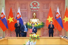 Prime Minister Le Minh Hung (first, right) and his Slovak counterpart Robert Fico (first, left) witness the signing of an MoU between the Commission for Standards, Metrology and Quality of Vietnam (STAMEQ) and the Office of Standards, Metrology and Testing (UNMS) of Slovakia in Hanoi on April 13, 2026. (Photo: VNA)