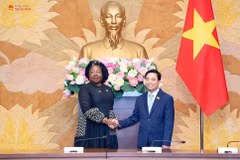 Vice President of the National Assembly Nguyen Doan Anh (right) and Vice President of National Assembly of Côte d'Ivoire at the working session in Hanoi on August 26 (Photo: daibieunhandan.vn)
