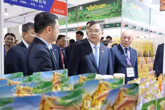 Deputy Prime Minister of the Government Pham Gia Tuc and the Vietnamese delegation visit the booths of Vietnamese businesses participating in the 23rd 23rd China-ASEAN Expo in 2026. (Photo: VNA)