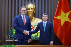 PM Le Minh Hung (R) and French Ambassador Olivier Brochet. (Photo: VNA)