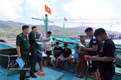 Officers and soldiers of Son Tra Border Guard Station under Da Nang City Border Guard Command tell local fishermen about anti-IUU fishing. (Photo: VNA)