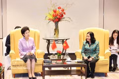 Politburo member, Secretary of the Party Central Committee and President of the Vietnam Fatherland Front (VFF) Central Committee Bui Thi Minh Hoai (R) and Vice Chairperson of the National Committee of the Chinese People's Political Consultative Conference (CPPCC) Xian Hui. (Photo: VNA)