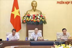 NA Chairman Tran Thanh Man (middle) speaks at the discussion. (Photo: VNA)