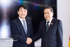 President of the Vietnamese National Assembly Tran Thanh Man (R) meets with Chairman of the Korea-Vietnam Parliamentary Friendship Group Moon Jin Seok in Seoul on September 8. (Photo: VNA)