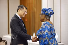 Prime Minister Le Minh Hung (left) receives WTO Director-General Ngozi Okonjo-Iweala in New Delhi, India on September 12 (Photo: VNA)