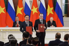 General Secretary of the Communist Party of Vietnam Central Committee and President To Lam, and Russian President Vladimir Putin witness the exchange of cooperation documents. (Photo: VNA)