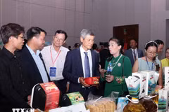 Vietnamese Ambassador to Cambodia Nguyen Minh Vu and Cambodian businesspeople visit the Vietnamese booth. (Photo: VNA)