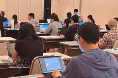 Candidates familiarise themselves with the computers before sitting the Vietnamese language proficiency assessment in Osaka on August 15, 2026. (Photo: VNA)