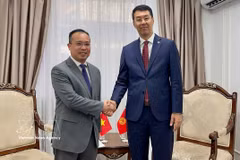 Vietnamese Ambassador Nguyen Thanh Le (L) presents a copy of his credentials to Kyrgyzstan’s Deputy Foreign Minister Meder Abakirov in Bishkek on August 17. (Photo: VNA)