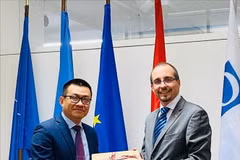 Vietnamese Ambassador to Austria Vu Le Thai Hoang (L) presents a gift to Dr. Arnold Kammel, Secretary General of the Austrian Ministry of Defence. (Photo: VNA)