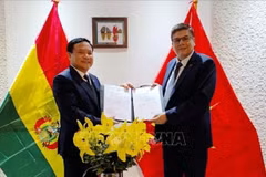 Ambassador Bui Van Nghi (L) presents the decision of Deputy Prime Minister and Minister of Foreign Affairs Bui Thanh Son on reappointing Miguel Angel Pérez Peña as Honorary Consul of Vietnam in Bolivia. (Photo: VNA)