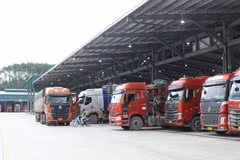 Vehicles transporting import and export goods in the loading area at Chi Ma border gate in Lang Son province. (Photo: VNA)