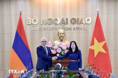 Deputy Minister of Foreign Affairs Le Thi Thu Hang (R) and her Armenian counterpart Mnatsakan Safaryan at the Vietnam – Armenia political consultation in Hanoi on October 27. (Photo: VNA)