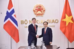 Minister of Foreign Affairs Le Hoai Trung (right) and Norwegian Minister of International Development Åsmund Aukrust at their meeting on February 10. (Photo: baoquocte.vn)