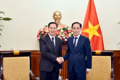 Minister of Foreign Affairs Le Hoai Trung (R) and Lao Minister of Education and Sports Thongsalith Mangnomek at their meeting in Hanoi on December 16. (Photo: Vietnamese Ministry of Foreign Affairs)