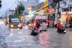 Commuters and vehicles wade through a flooded street in Ho Chi Minh City. (Photo: VNA)