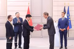Party General Secretary and President To Lam, and French President Emmanuel Macron witness the exchange of documents and cooperation agreements between the two countries. (Photo: VNA)