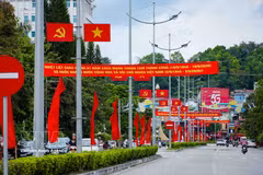Party flags, national flags, and banners create a festive atmosphere along the streets of Dien Bien Phu ward, Hanoi (Photo: VNA) 
