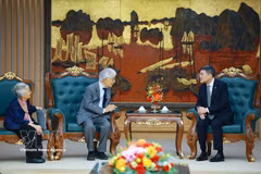 PM Le Minh Hung (R) welcomes Prof. Tran Thanh Van and his spouse Prof. Le Kim Ngoc on August 24. (Photo: VNA)