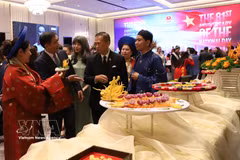 Ambassador Pham Viet Hung (second, left) introduces the unique "nem cong" (peacock spring rolls) of Hue royal cuisine to Thai Vice Minister of Foreign Affairs Vijavat Isarabhakdi (Photo: VNA)